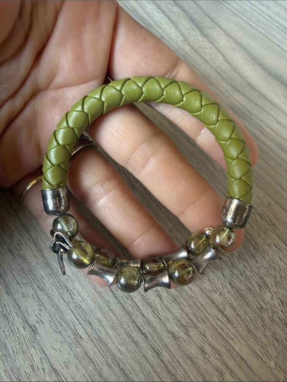 Alex and Ani Olive Green Braided Leather Bracelet with Metallic Beads